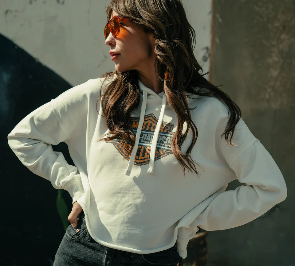 Harley-Davidson® Women's Chrome Evo Bar & Shield Cropped Pull Over Hoodie - Image 4